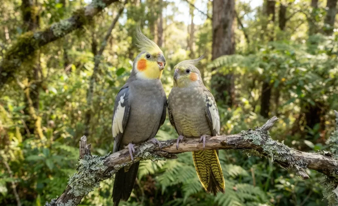 Calopsita macho e calopsita fêmea lado a lado destacando diferenças na coloração da face, cauda e comportamento utilizadas para identificar o sexo da ave.
