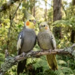 Calopsita macho e calopsita fêmea lado a lado destacando diferenças na coloração da face, cauda e comportamento utilizadas para identificar o sexo da ave.