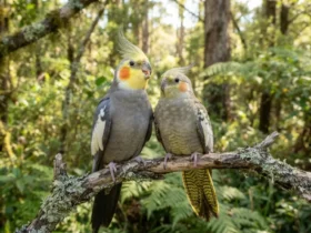 Calopsita macho e calopsita fêmea lado a lado destacando diferenças na coloração da face, cauda e comportamento utilizadas para identificar o sexo da ave.