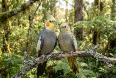 Calopsita macho e calopsita fêmea lado a lado destacando diferenças na coloração da face, cauda e comportamento utilizadas para identificar o sexo da ave.