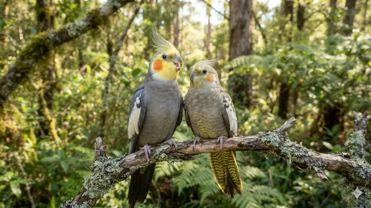 Calopsita macho e calopsita fêmea lado a lado destacando diferenças na coloração da face, cauda e comportamento utilizadas para identificar o sexo da ave.