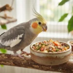 Calopsita saudável ao lado de um comedouro com ração extrusada premium, representando uma alimentação equilibrada para aves de estimação.