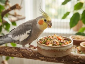 Calopsita saudável ao lado de um comedouro com ração extrusada premium, representando uma alimentação equilibrada para aves de estimação.