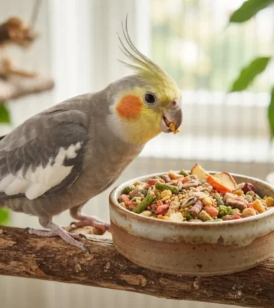 Calopsita saudável ao lado de um comedouro com ração extrusada premium, representando uma alimentação equilibrada para aves de estimação.