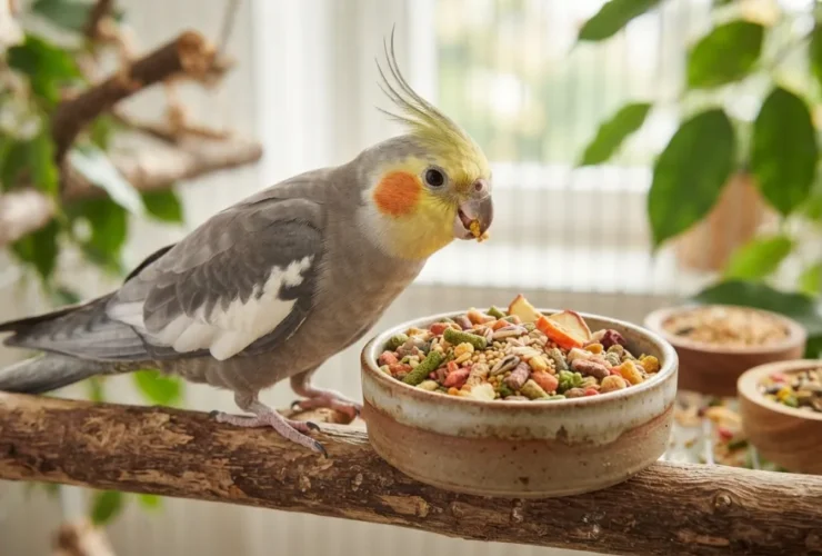 Calopsita saudável ao lado de um comedouro com ração extrusada premium, representando uma alimentação equilibrada para aves de estimação.