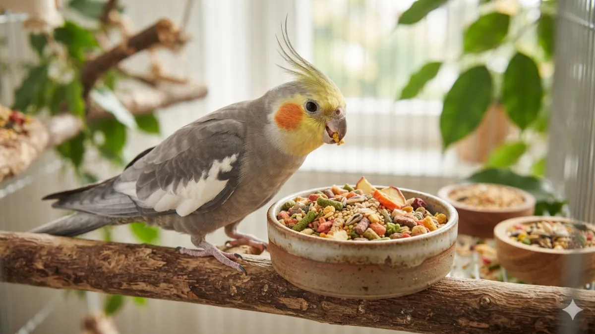 Calopsita saudável ao lado de um comedouro com ração extrusada premium, representando uma alimentação equilibrada para aves de estimação.