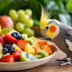 Calopsita ao lado de um prato com frutas frescas como maçã, banana, mamão, morango, kiwi e uvas, representando frutas seguras para a alimentação da ave.