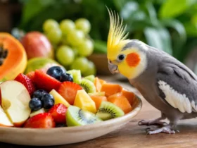 Calopsita ao lado de um prato com frutas frescas como maçã, banana, mamão, morango, kiwi e uvas, representando frutas seguras para a alimentação da ave.