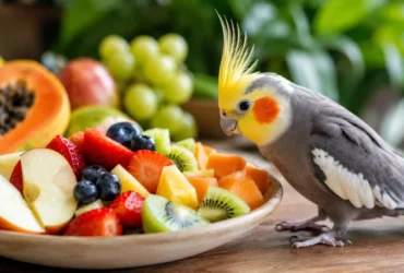 Calopsita ao lado de um prato com frutas frescas como maçã, banana, mamão, morango, kiwi e uvas, representando frutas seguras para a alimentação da ave.