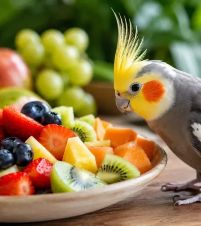 Calopsita ao lado de um prato com frutas frescas como maçã, banana, mamão, morango, kiwi e uvas, representando frutas seguras para a alimentação da ave.