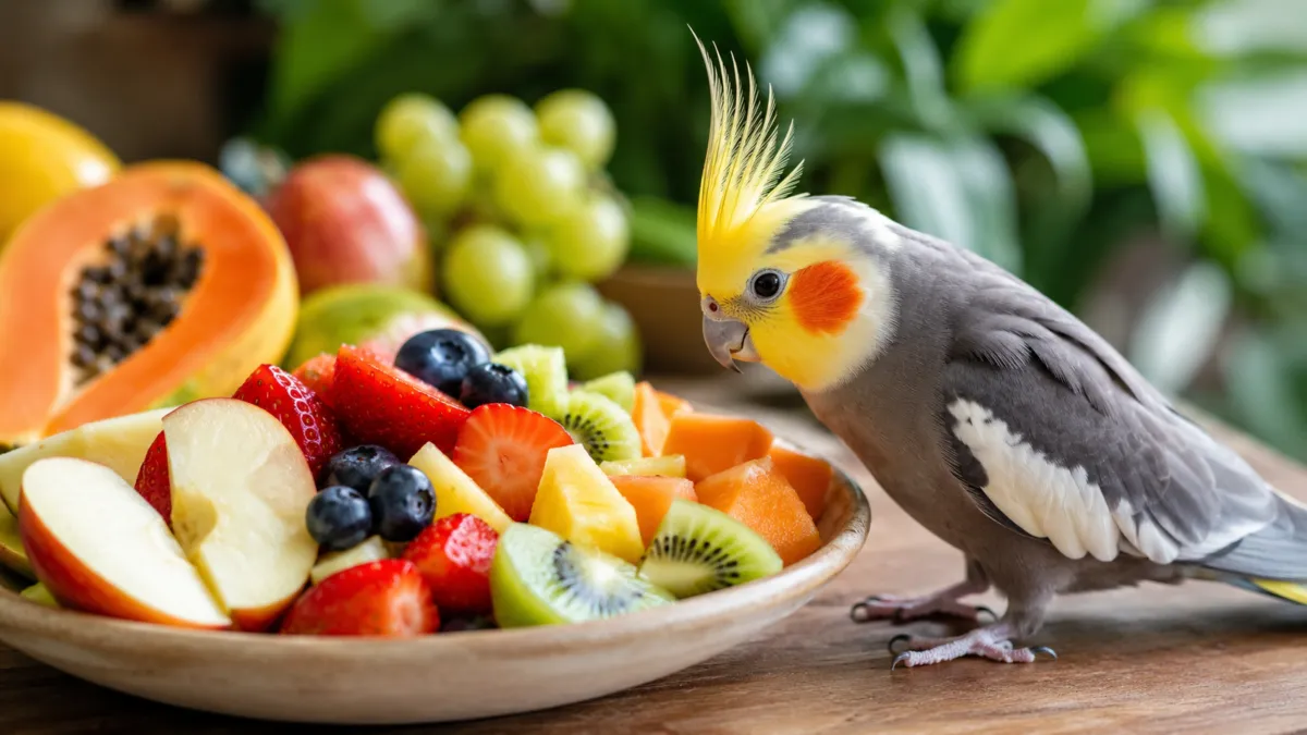 Calopsita ao lado de um prato com frutas frescas como maçã, banana, mamão, morango, kiwi e uvas, representando frutas seguras para a alimentação da ave.