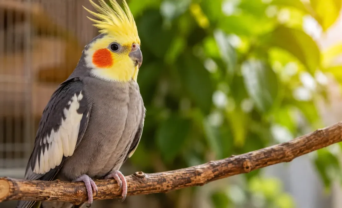 Calopsita adulta saudável empoleirada em um galho, representando a expectativa de vida da ave quando recebe alimentação equilibrada e cuidados adequados.