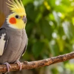 Calopsita adulta saudável empoleirada em um galho, representando a expectativa de vida da ave quando recebe alimentação equilibrada e cuidados adequados.