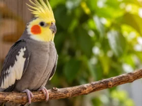 Calopsita adulta saudável empoleirada em um galho, representando a expectativa de vida da ave quando recebe alimentação equilibrada e cuidados adequados.