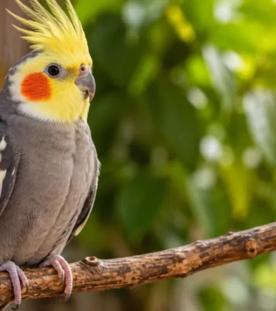 Calopsita adulta saudável empoleirada em um galho, representando a expectativa de vida da ave quando recebe alimentação equilibrada e cuidados adequados.