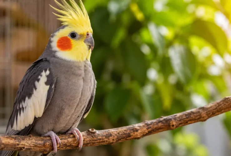 Calopsita adulta saudável empoleirada em um galho, representando a expectativa de vida da ave quando recebe alimentação equilibrada e cuidados adequados.