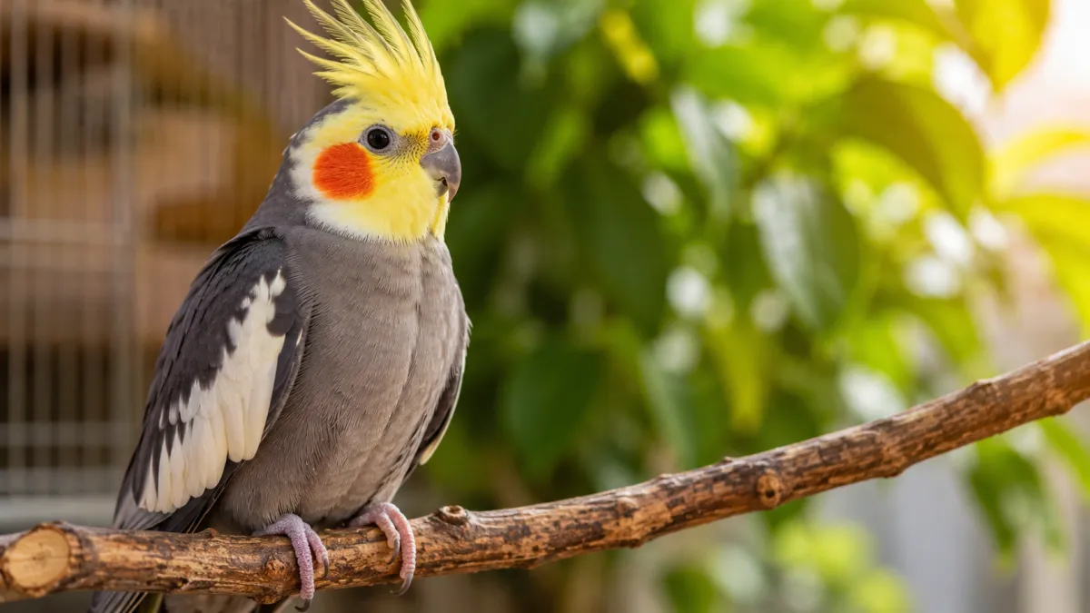 Calopsita adulta saudável empoleirada em um galho, representando a expectativa de vida da ave quando recebe alimentação equilibrada e cuidados adequados.
